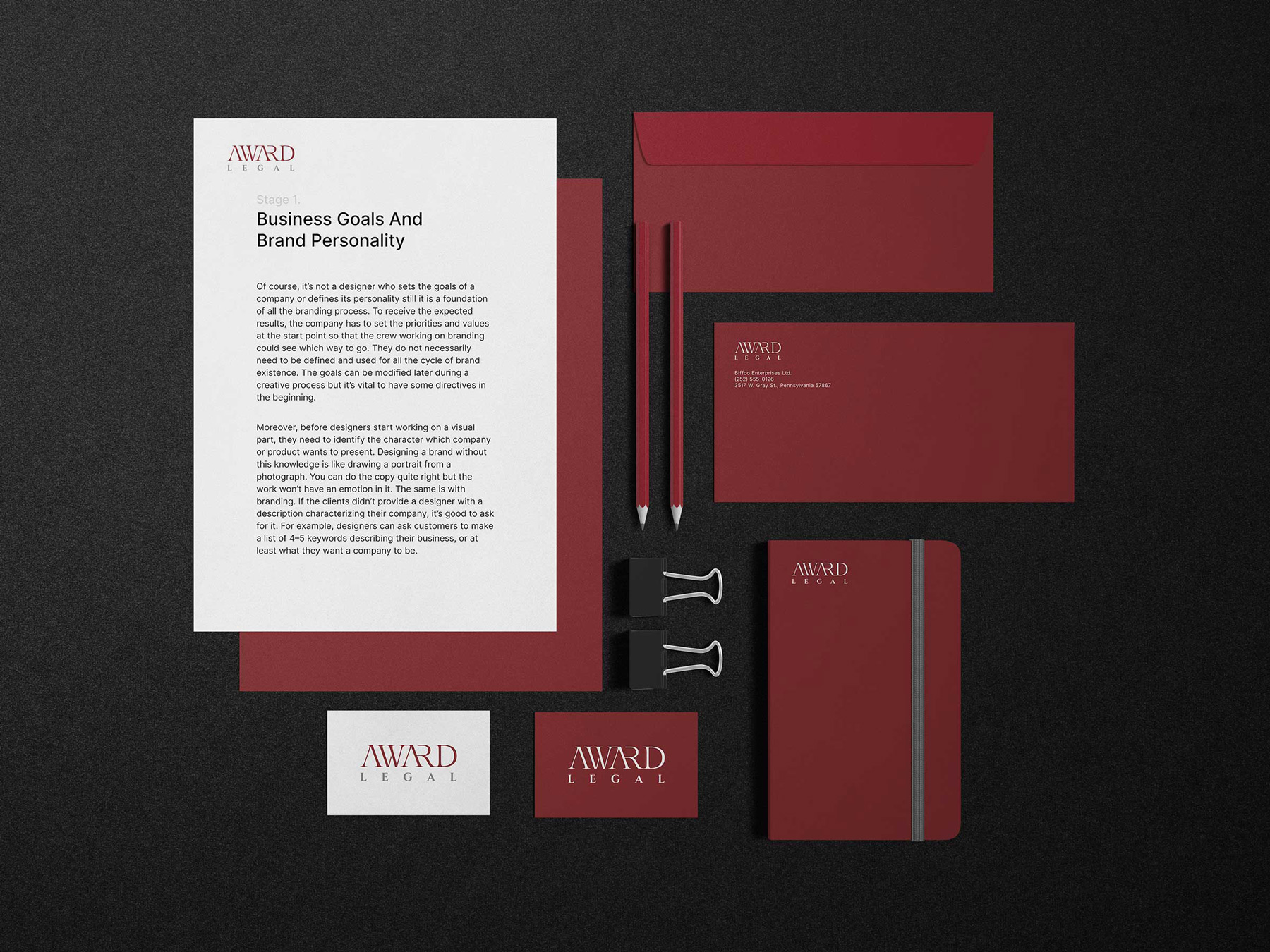 branded stationery layout and design for AWard Legal